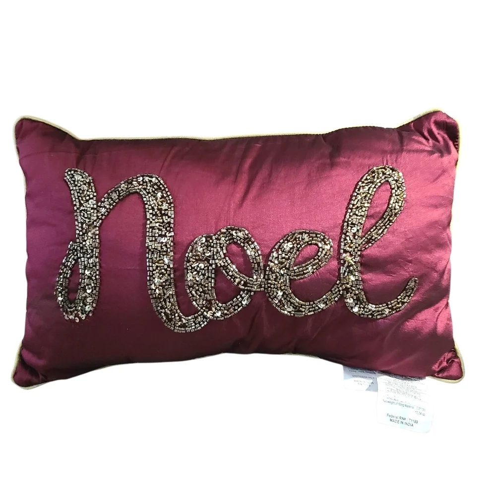 Festive‎ Burgundy Beaded NOEL Holiday Pillow